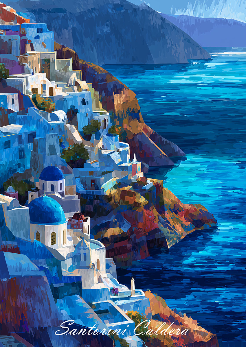 Vibrant artwork of Santorini Caldera featuring white buildings and a blue dome overlooking a turquoise sea.